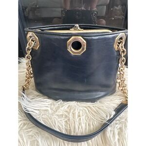 Vintage 60's Ruth Saltz Navy Leather Kiss Lock Frame Shoulder Pur Gold Chain